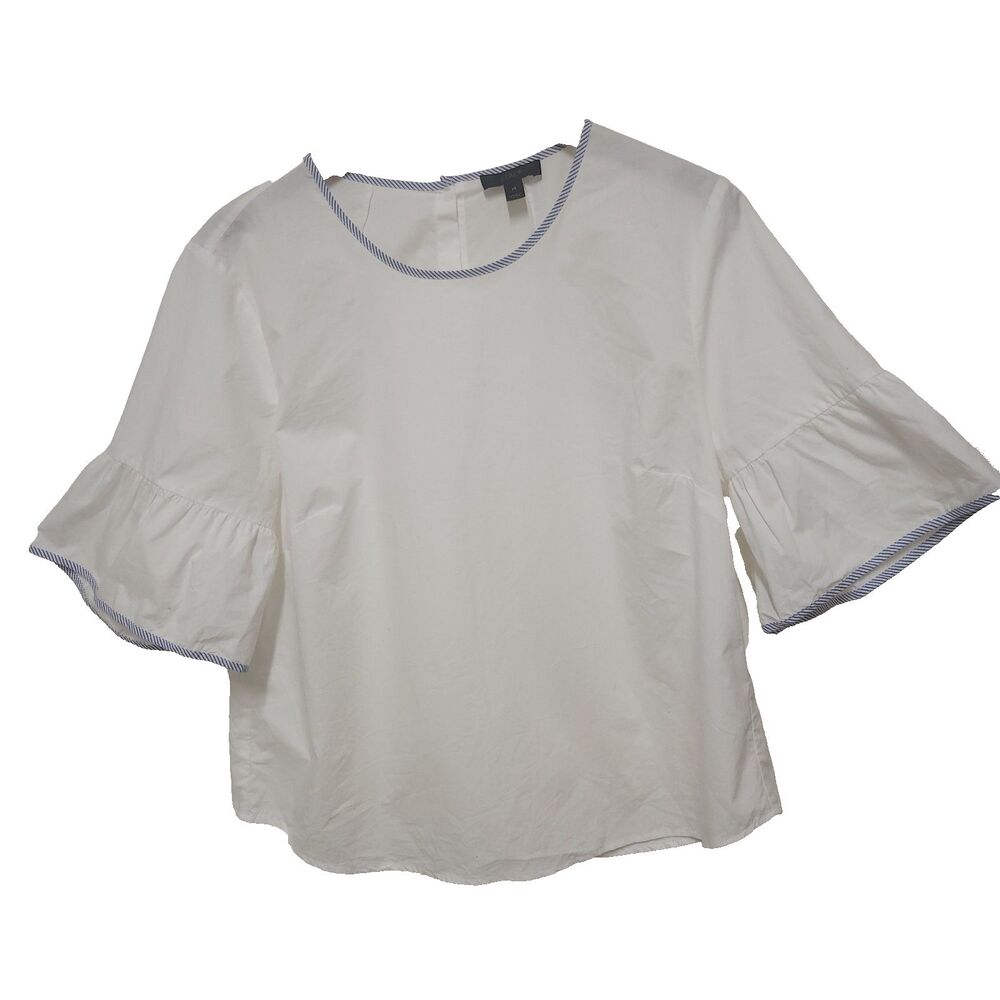 JCREW  Tipped button-back White with blue trim  bell-sleeve top shirt Size 14